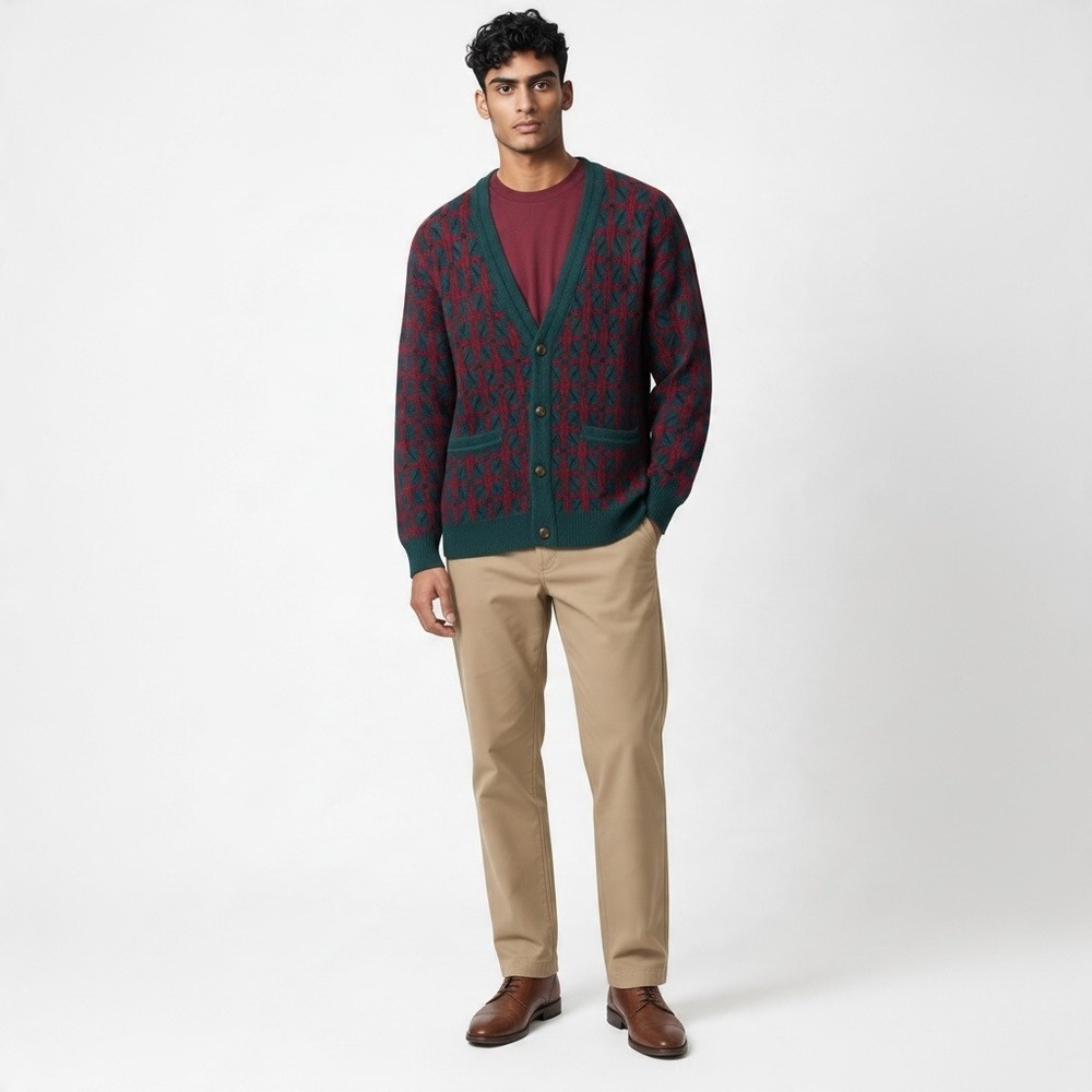 Aggio Men XL Vintage Geometric Knit Cardigan Sweater Green Red Wool Blend Comfy